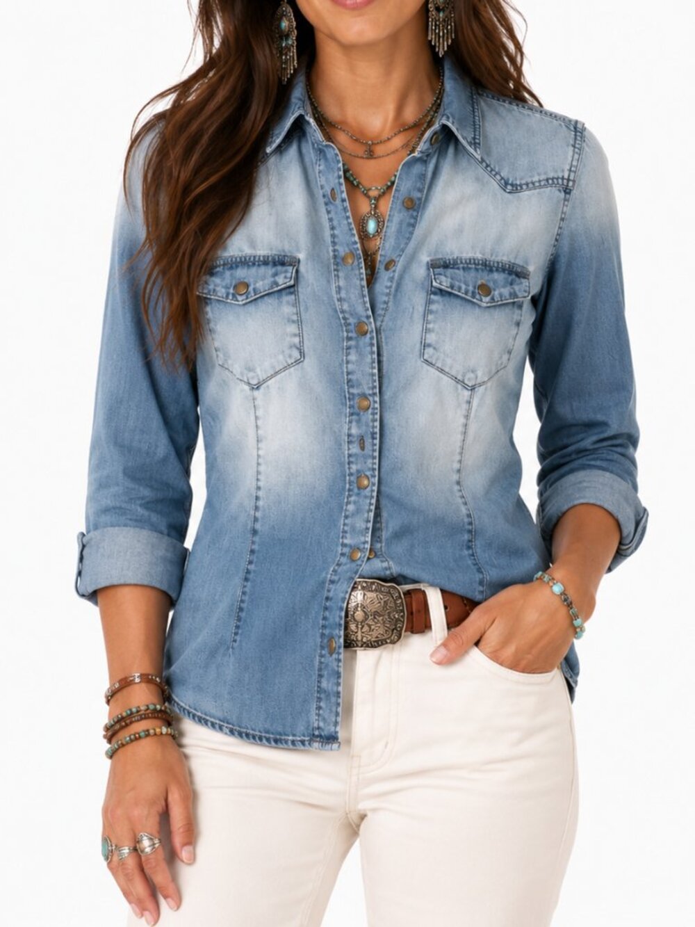 BDG Light Wash Denim Western Snap Button Shirt Size Medium